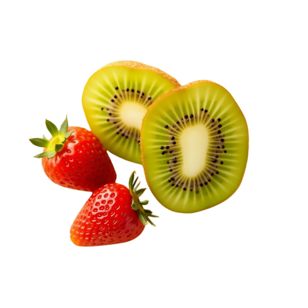 Two halves of a kiwi with vivid bold black seeds beside two plump strawberries. png