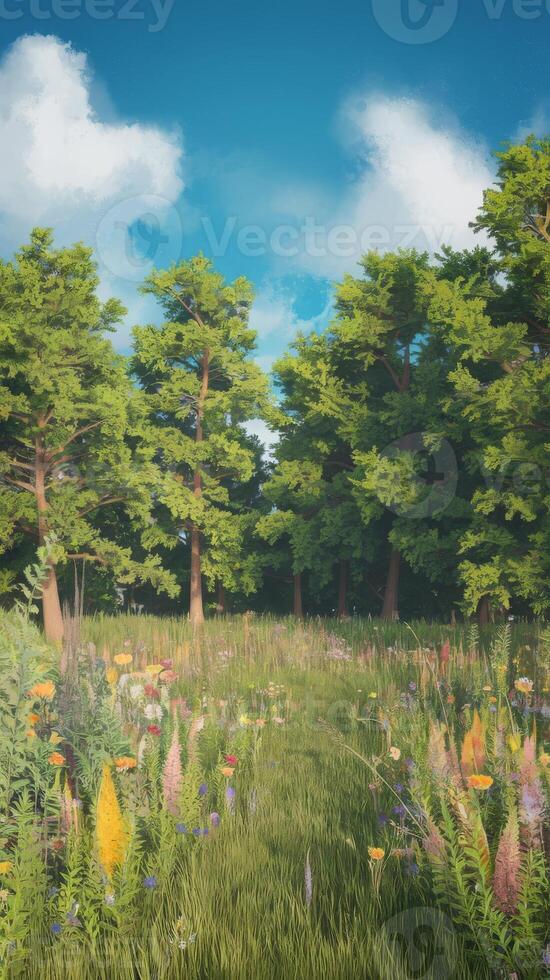 A field of flowers and trees in the distance photo