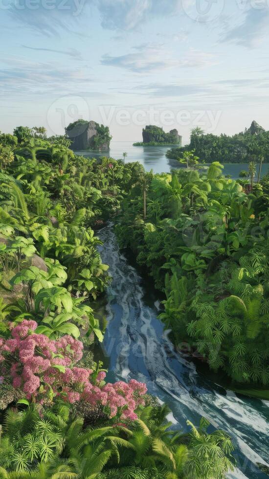 A tropical forest with a river and trees photo