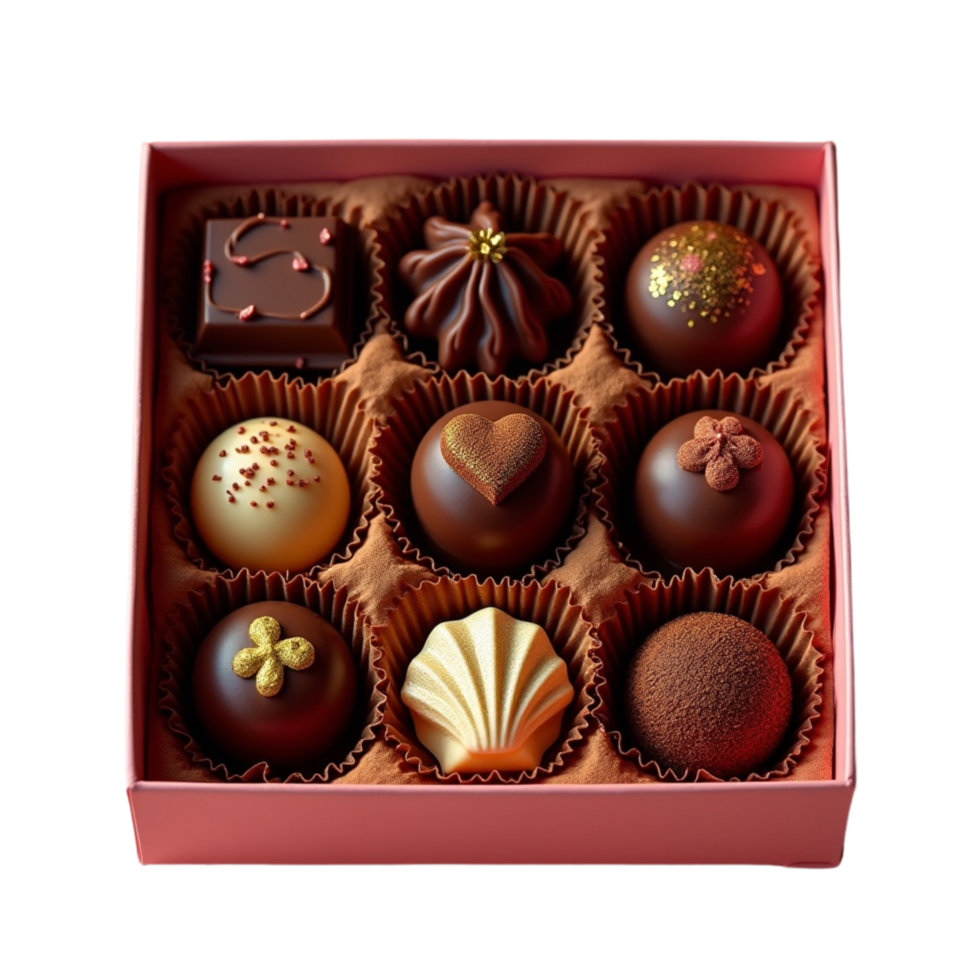 Nine luxurious chocolates are displayed. png