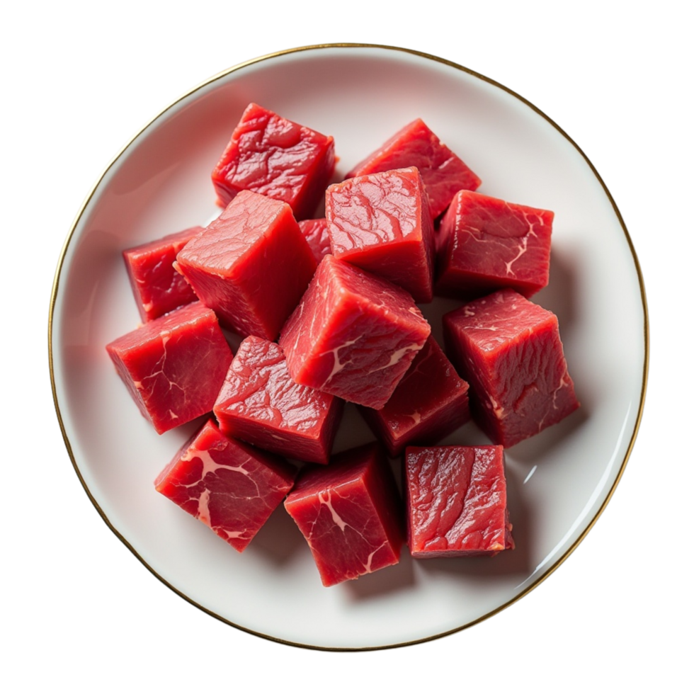 Cubed raw beef highlighting its rich deep red color. png
