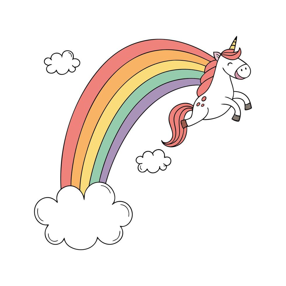 Colorful Rainbow with Fluffy Clouds and a White Unicorn vector