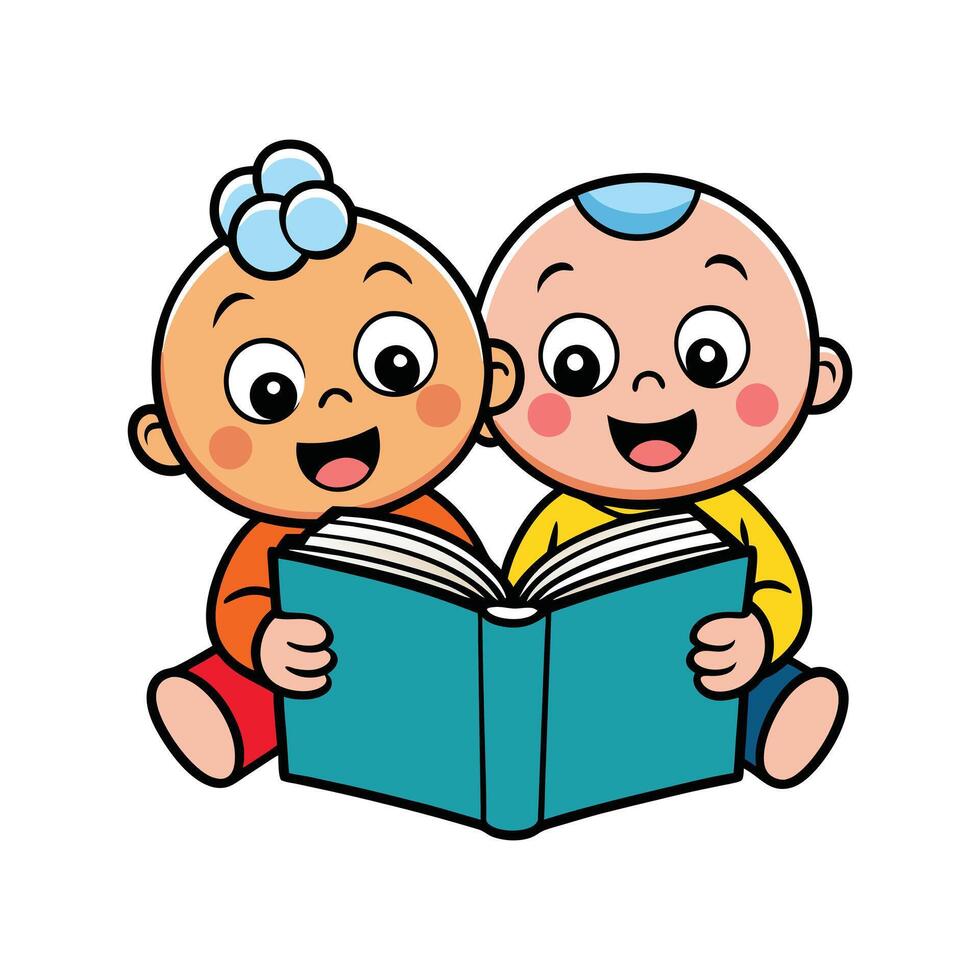 Two Cute Cartoon Babies Reading a Book Together vector