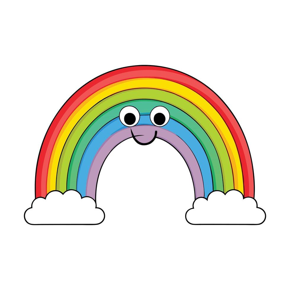 Colorful Rainbow with Clouds and a Smiling Face in a Cartoonish Style clipart vector