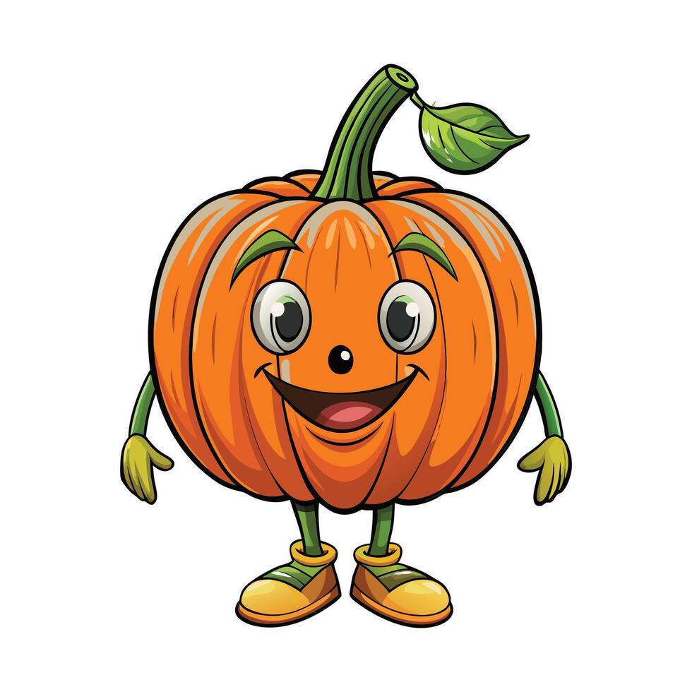 Cute Cartoon Pumpkin with a Happy Face and Green Leaf on Top for Fall Season vector