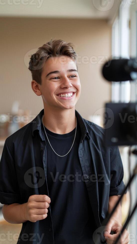 A young man is smiling while holding a camera photo
