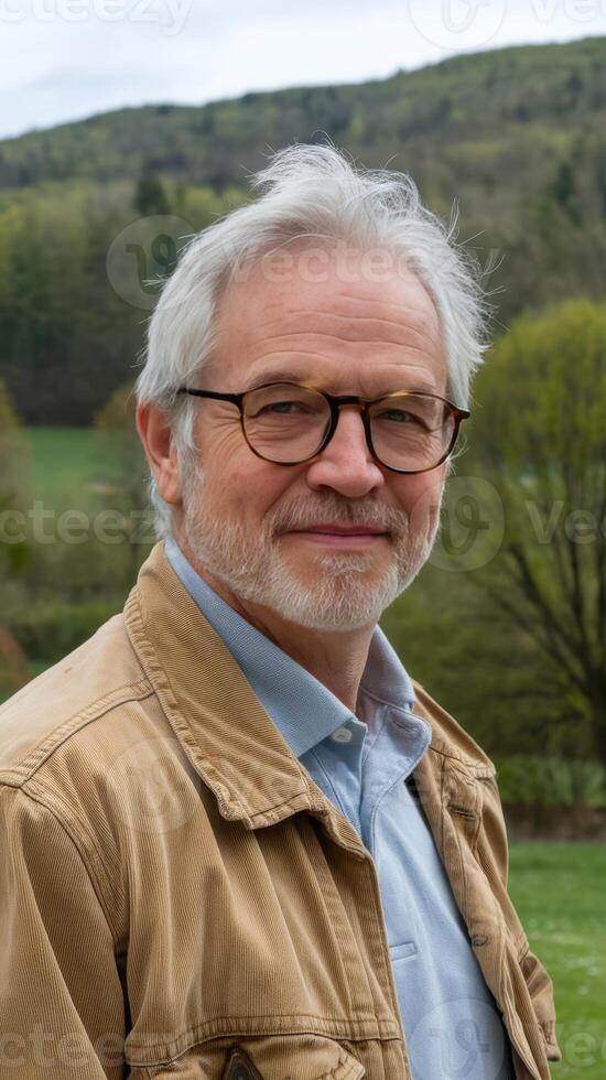 A man with glasses and a jacket standing in front of a field photo
