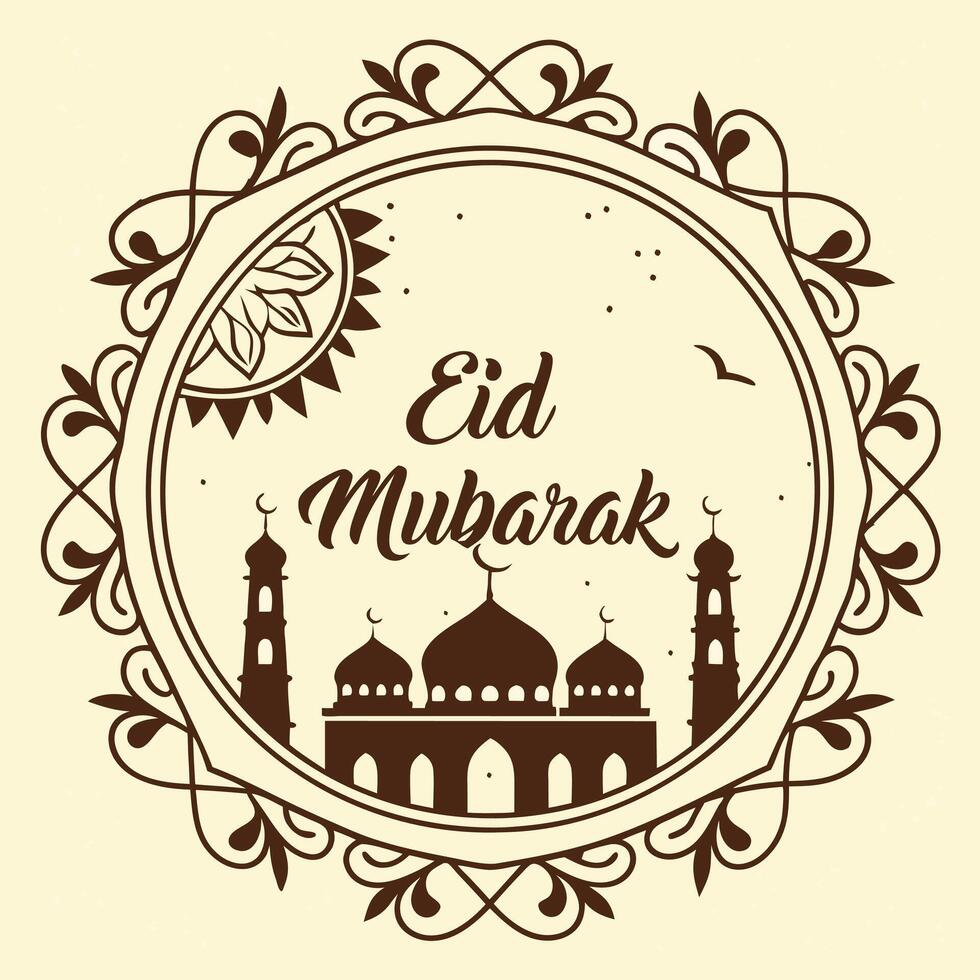 eid mubarak greeting card with mosque and sun vector