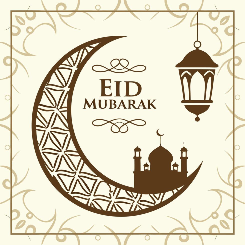 eid mubarak greeting card with mosque and lantern vector