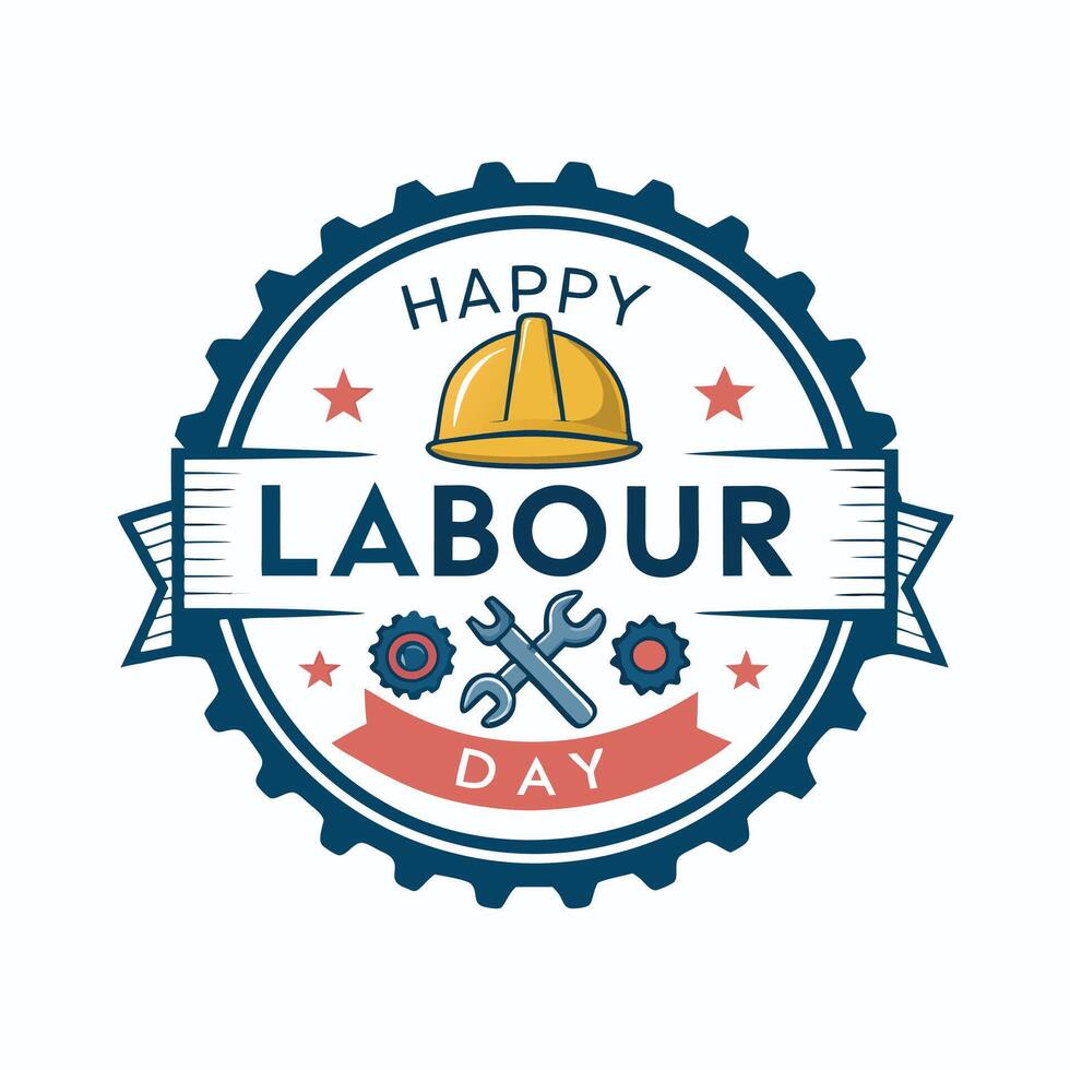 happy labour day badge with a hard hat and wrench vector