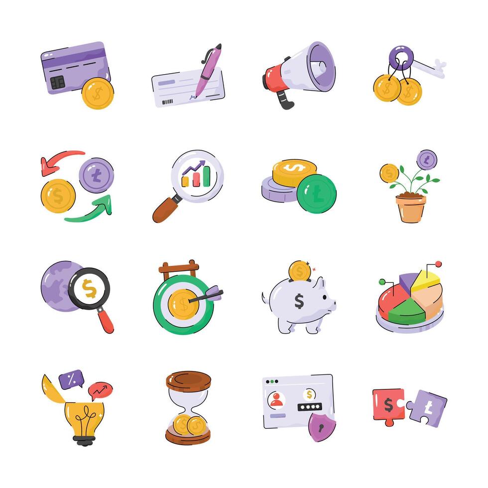 Get a glimpse of hand drawn set depicting business and trading icons vector