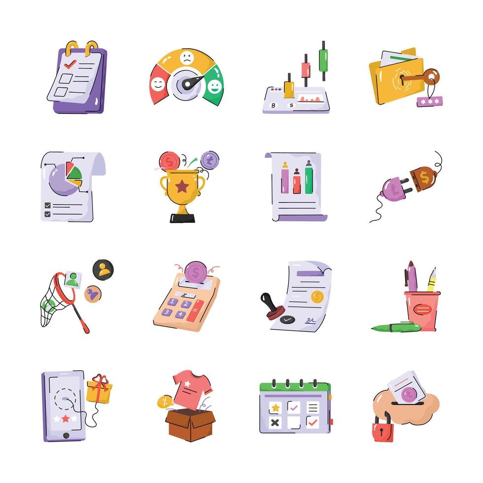 Get this handy doodle collection of business and finance icons vector