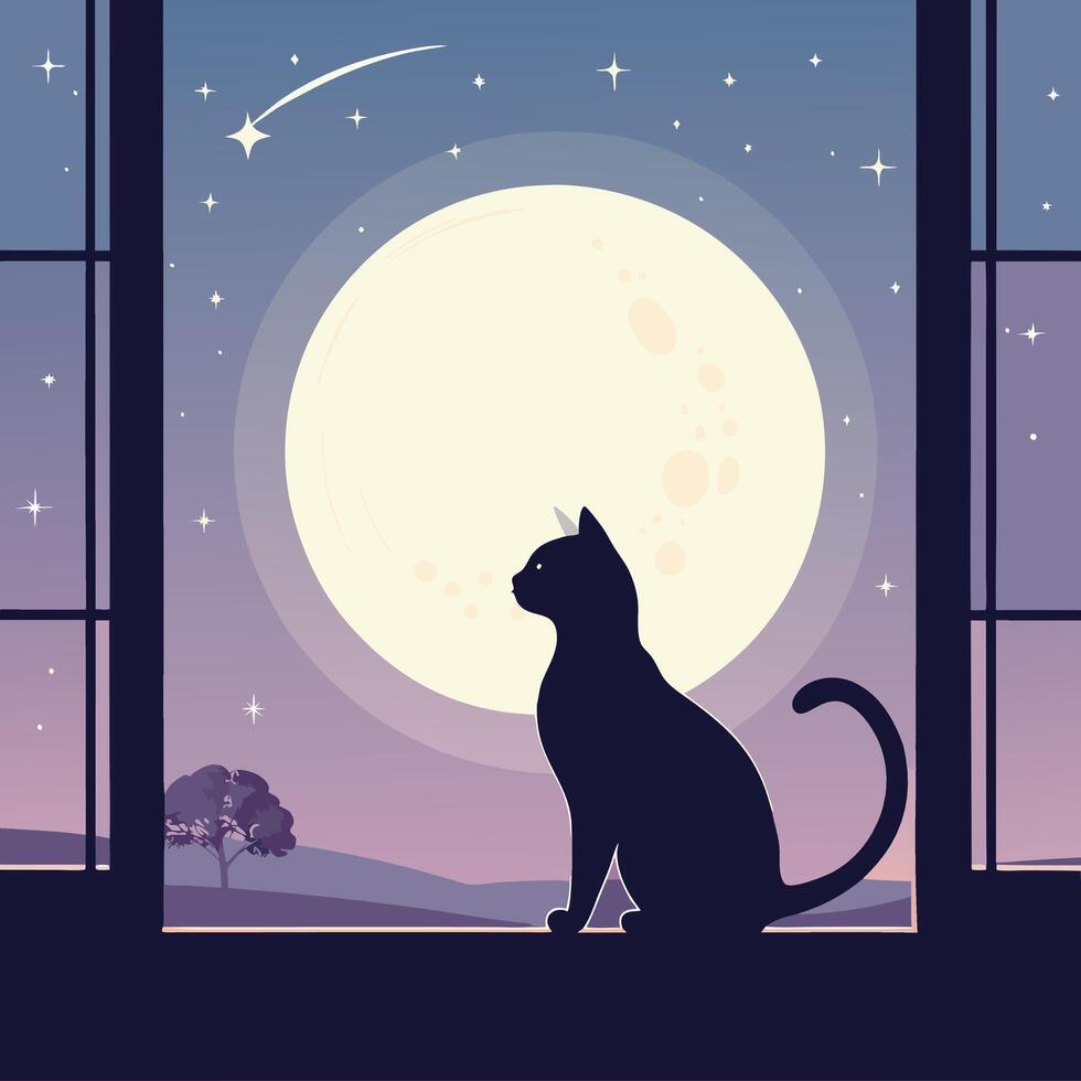 a cat sitting on the window sill looking out at the moon vector