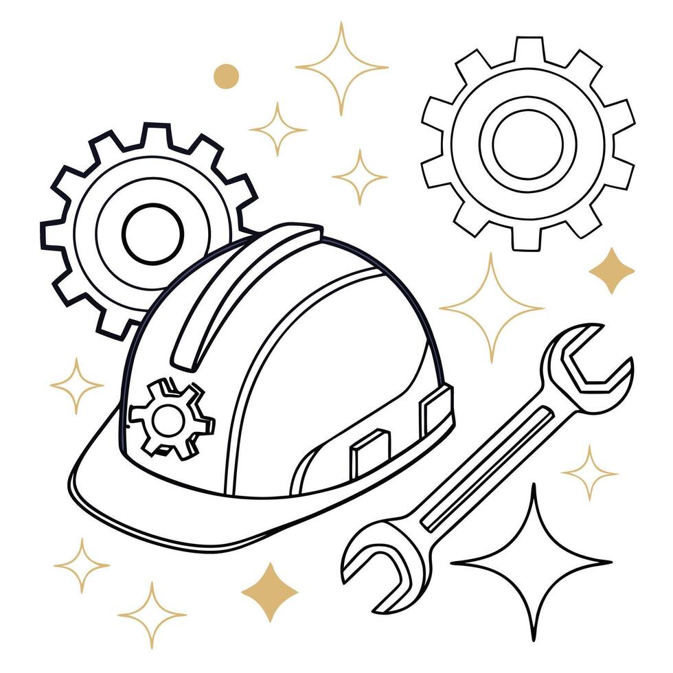 a helmet and wrench are included in this coloring page vector