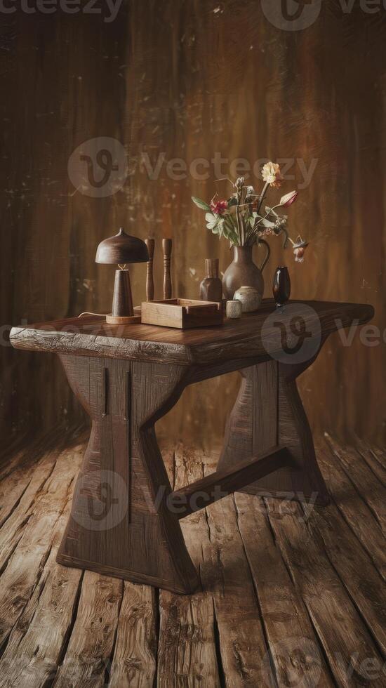 A table with a vase of flowers on it photo