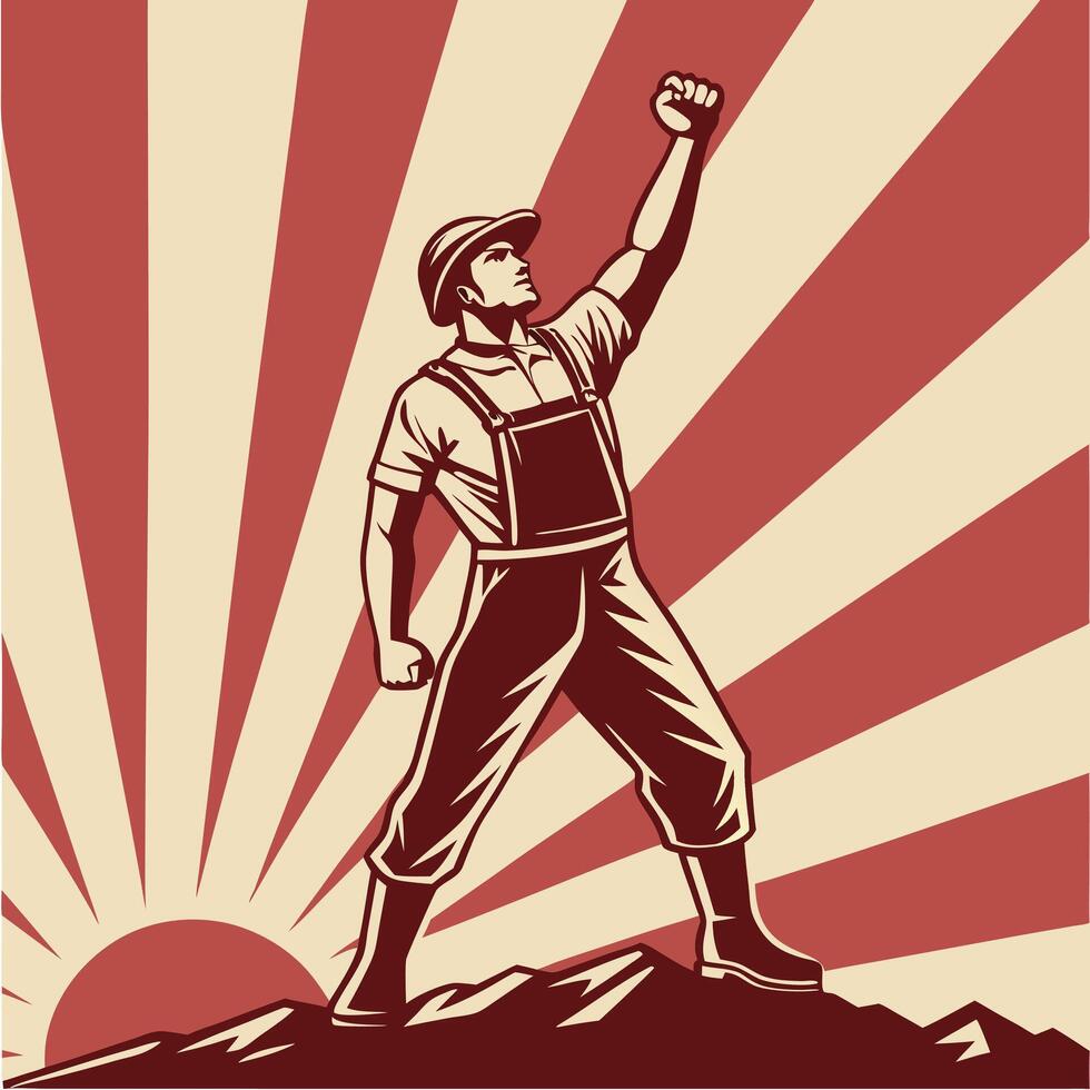 a man with a raised fist on top of a mountain vector