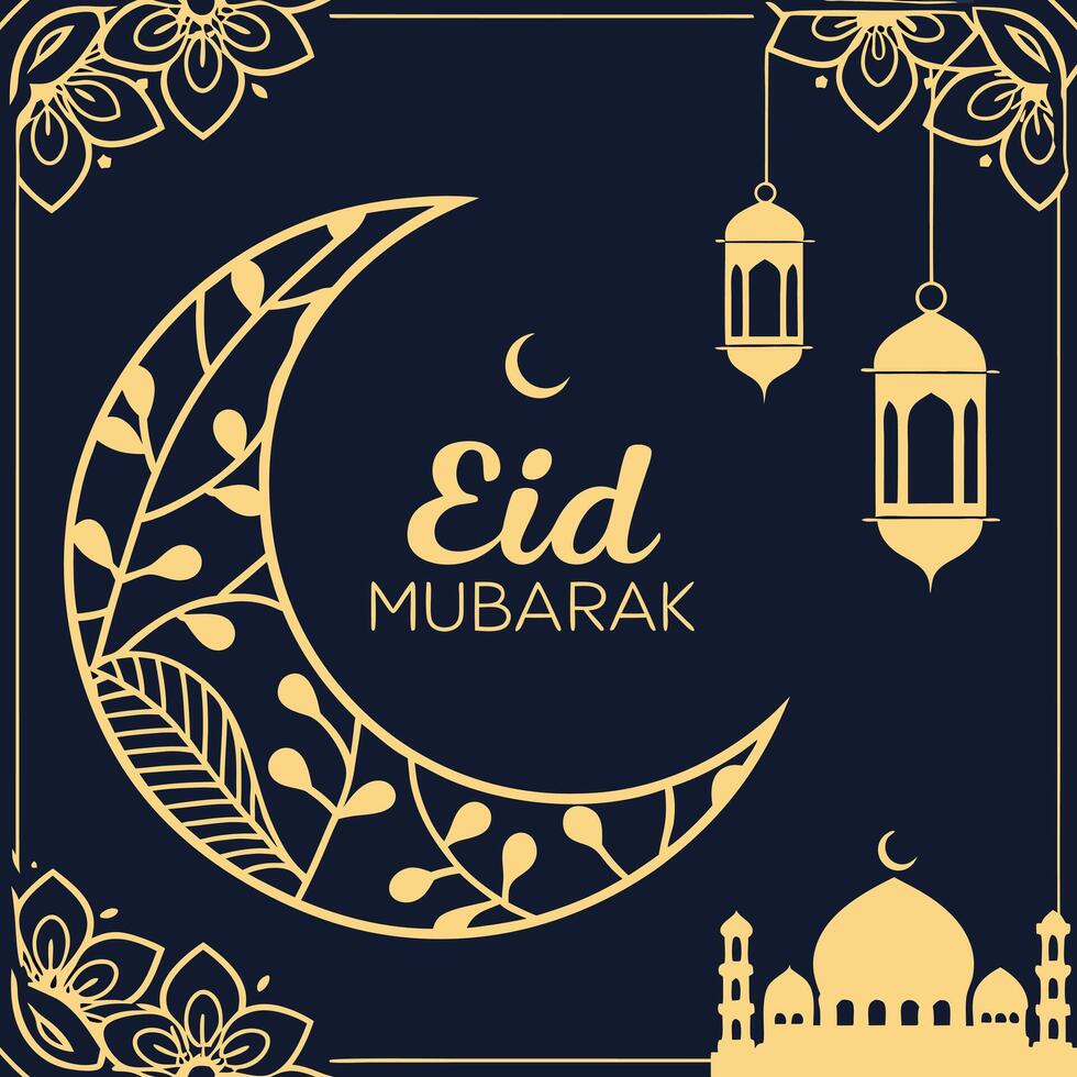 eid mubarak greeting card with crescent and lanterns vector