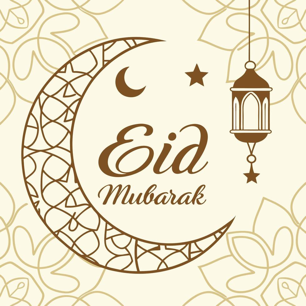 eid mubarak greeting card with crescent and lantern vector