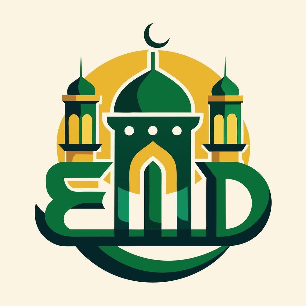 islamic eid greeting card with mosque and crescent vector