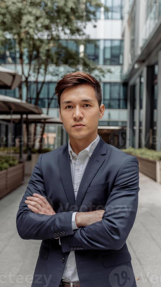 A young man in a suit and tie standing in front of a building photo