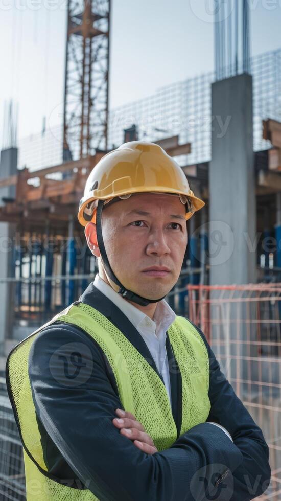 An asian man in a hard hat standing in front of a construction site photo