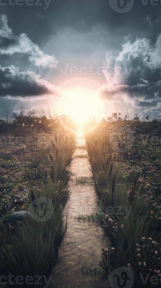 A path leading to the sun in a field photo