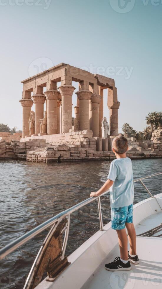 A young boy on a boat in front of the temple of karnak in egypt photo