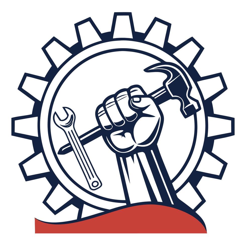 a hand holding a wrench and gear wheel in front of a red background vector