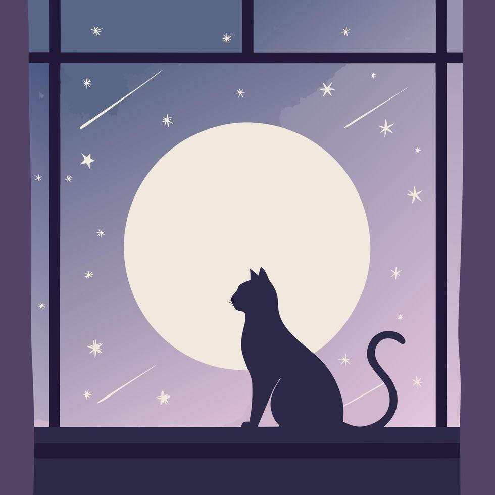 a cat sitting on the window sill looking out at the moon. vector