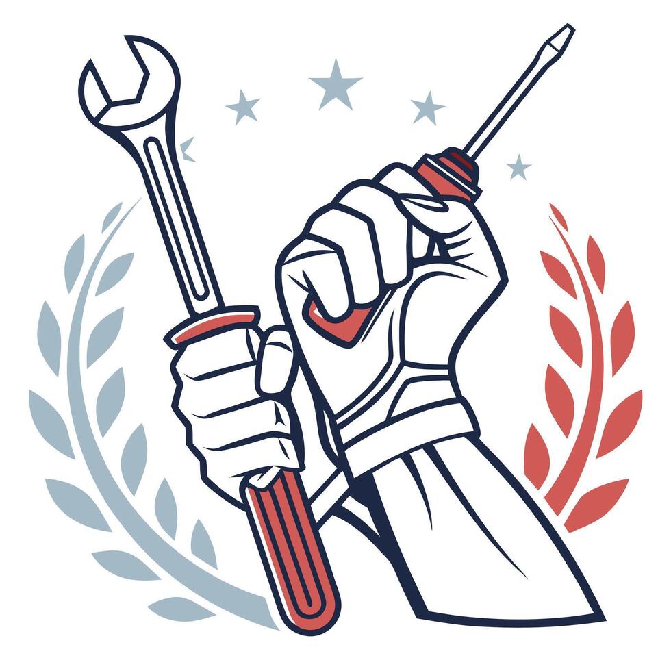 a hand holding a wrench and a star in the background vector
