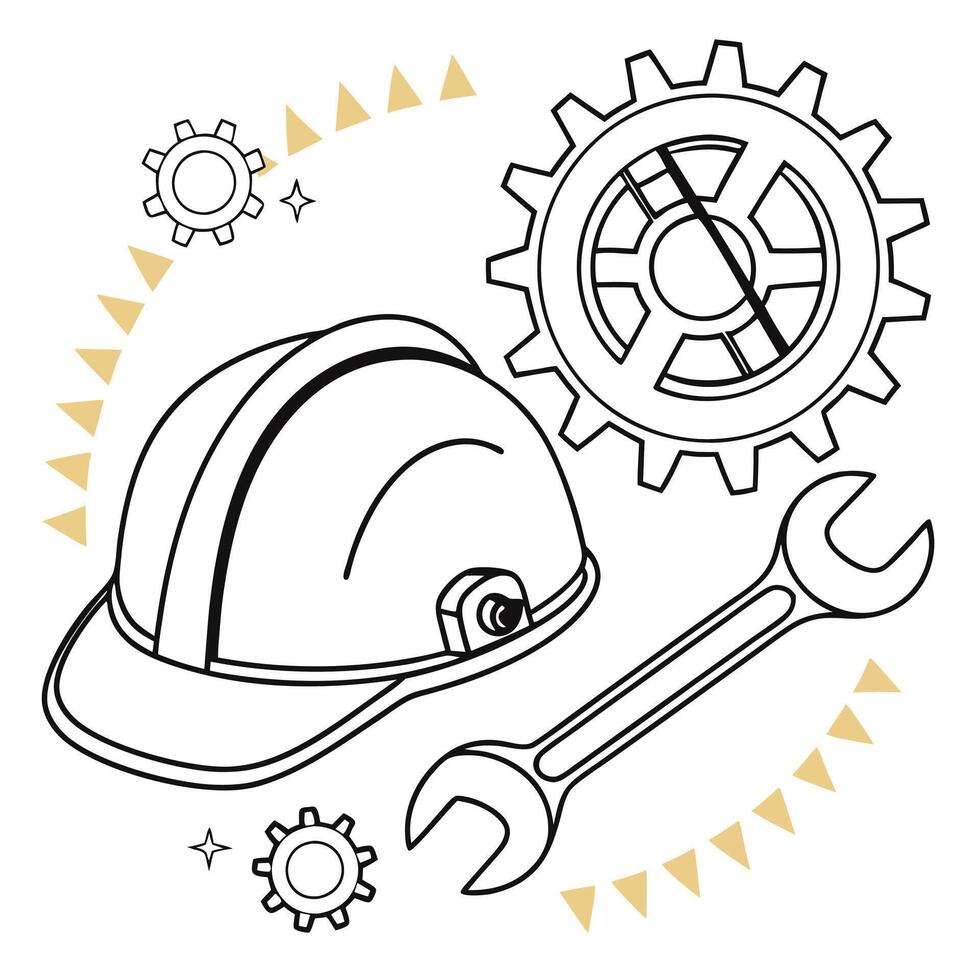 a hat, wrench and gears are shown in a line drawing vector