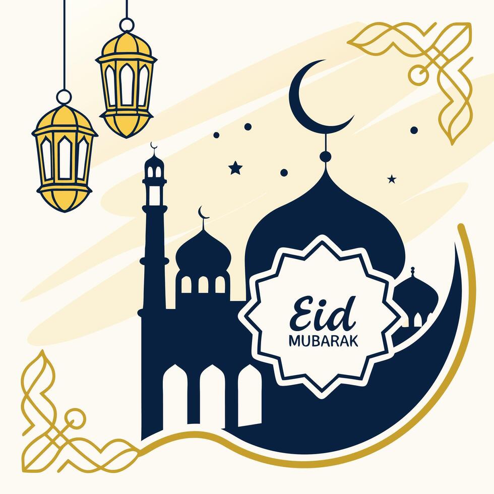 eid mubarak with mosque and lanterns vector