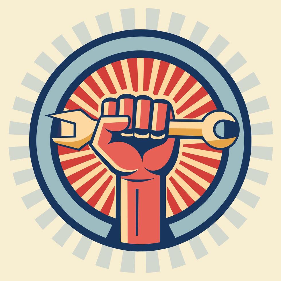 a fist holding a wrench in the center of a circle vector
