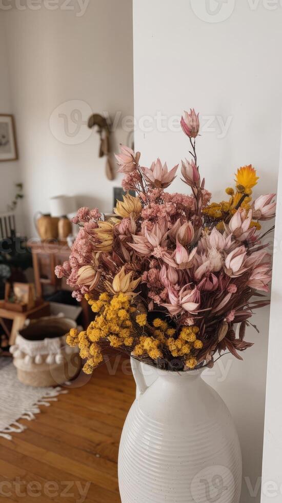 A vase filled with flowers sits on a wooden floor photo