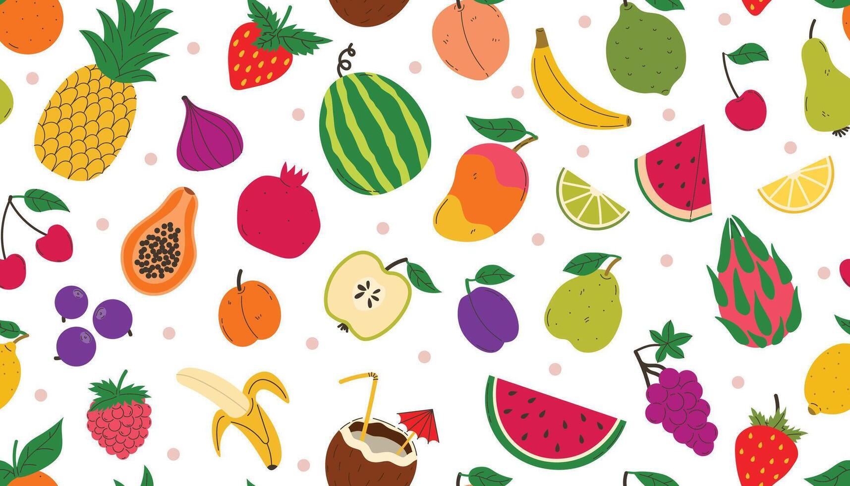 Fruits seamless pattern with different summer fruits and berries. Watermelon and pineapple, lemon and strawberry and more. vector