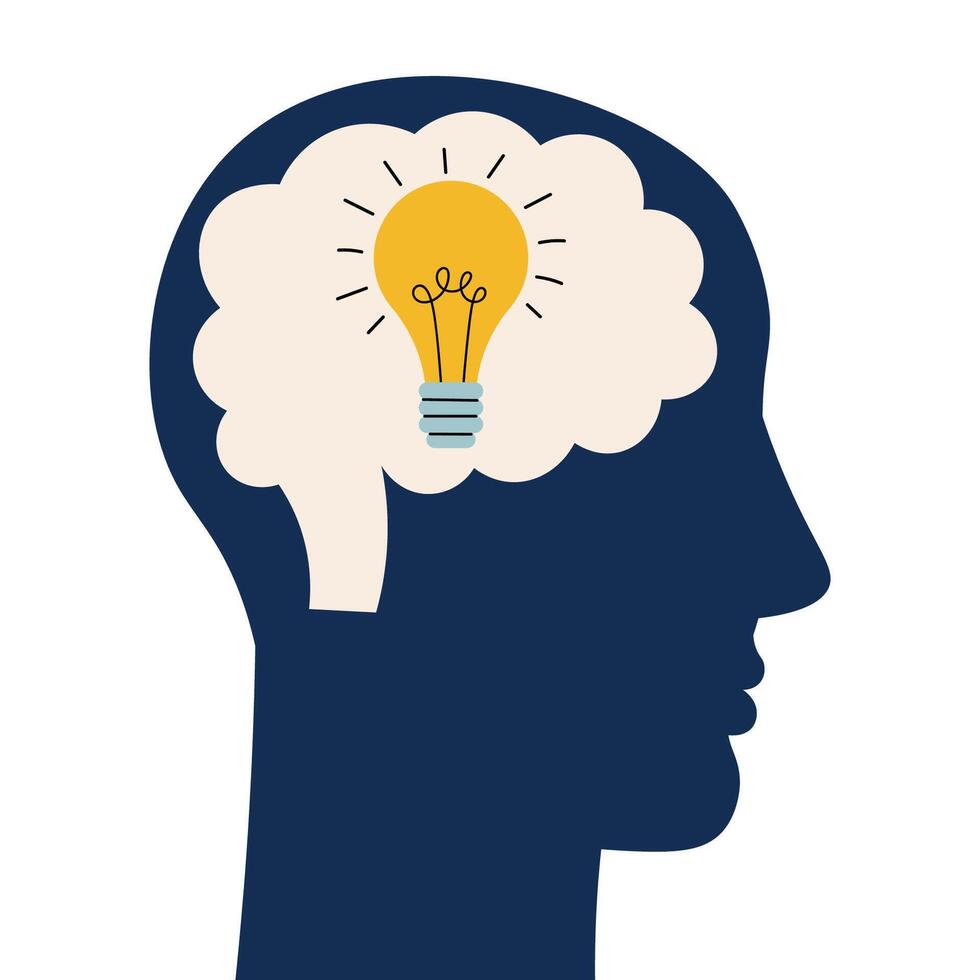 Human silhouette profile picture with bulb in the head. Creative person with new idea, human brain concept, people find solution. vector