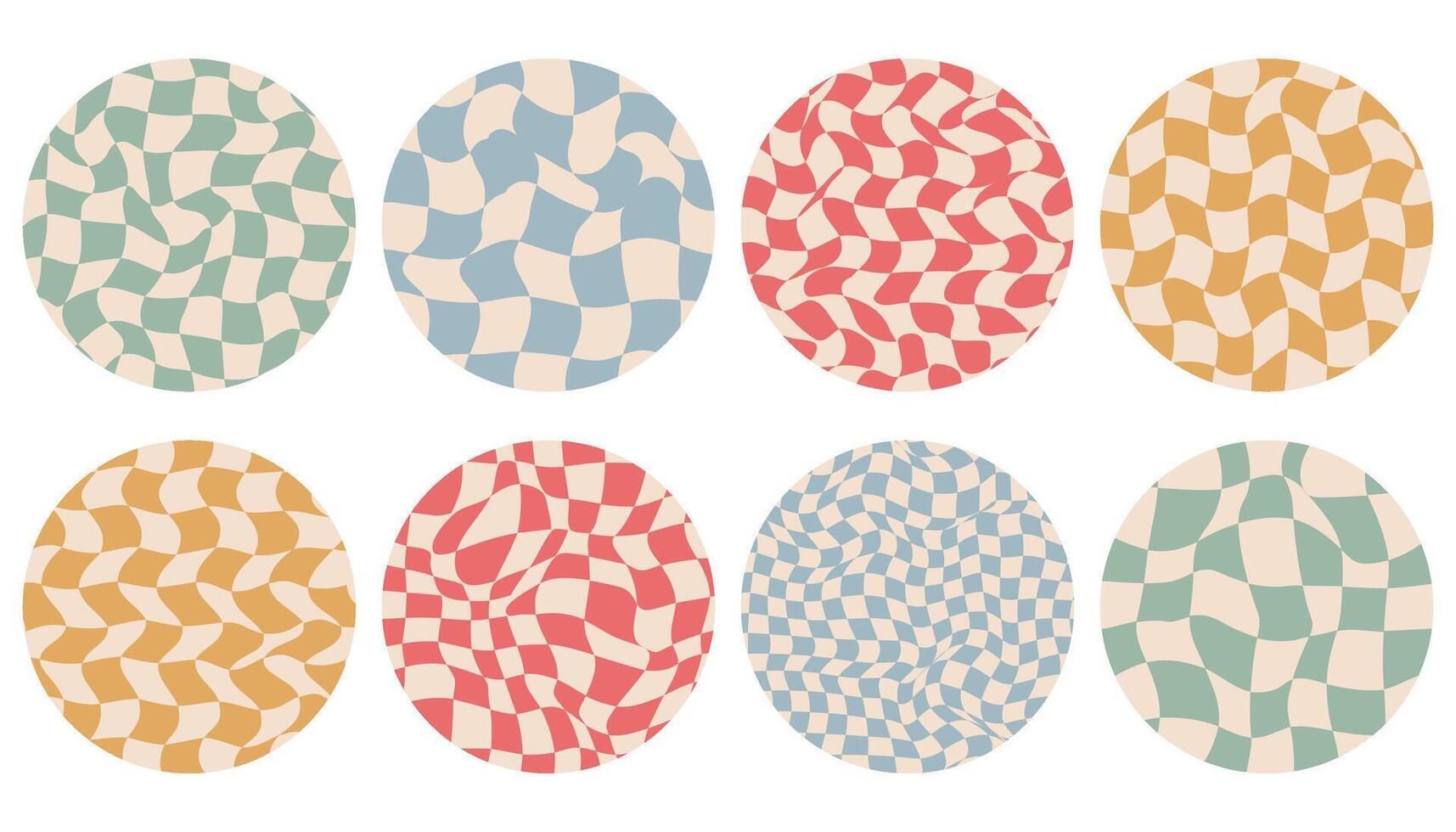 Groovy checkered pattern in round shape. Round avatars. Vintage wavy curved backdrop, distortion effect. Grid texture, retro background in 90s style, y2k. vector