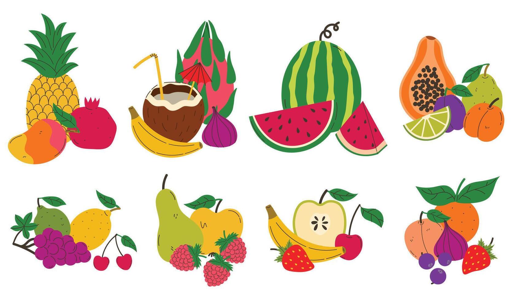 Tropical fruit compositions set. Summer juicy food still life collection. Watermelon and coconut, citruses and berries. vector