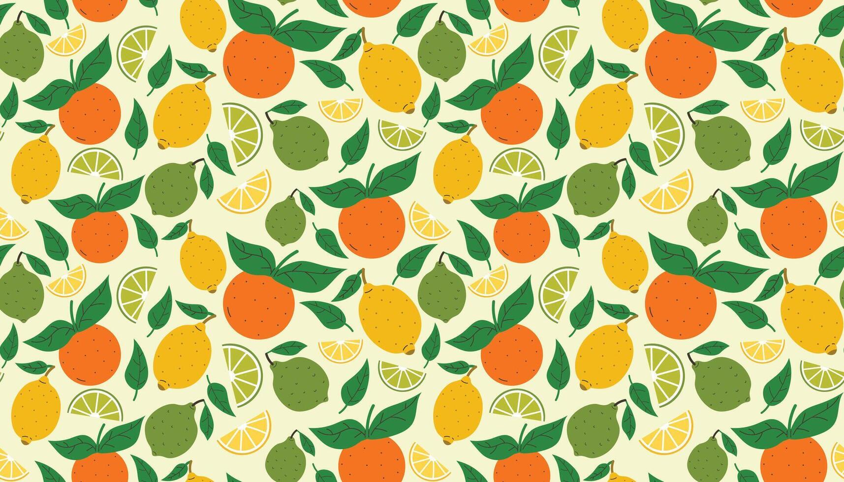 Fruit seamless pattern with citruses and leaves. Summer background with oranges, lemons and limes. Modern trendy design for paper, cover, fabric. vector