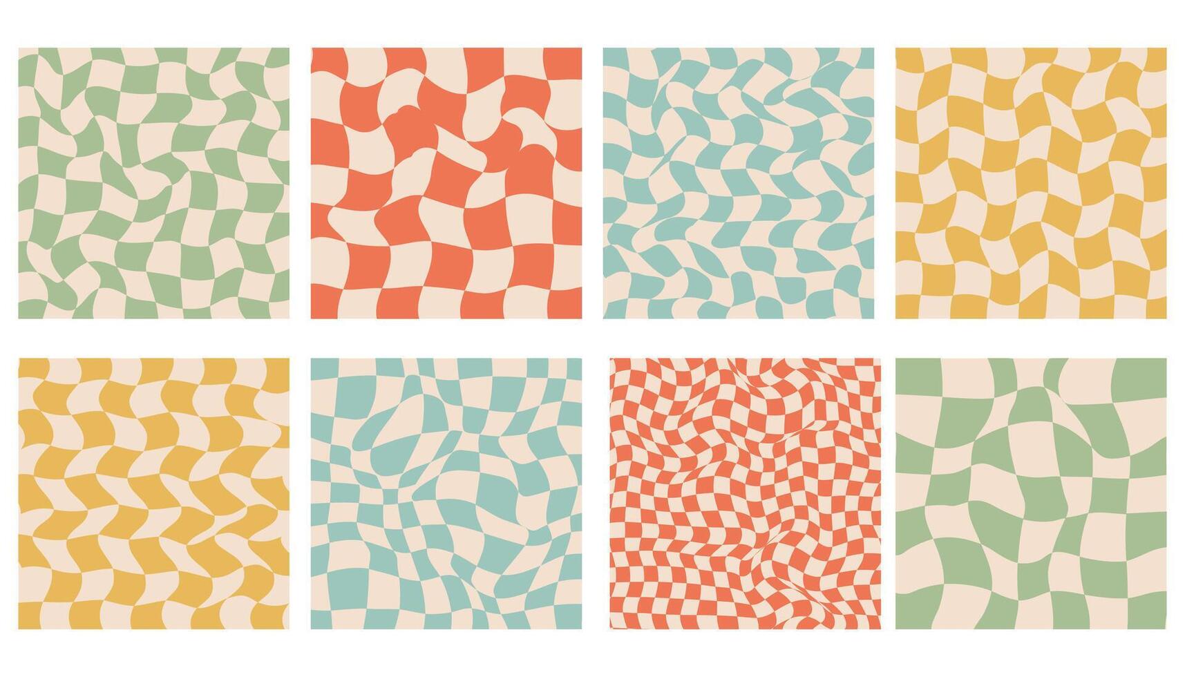 Checkered groovy square pattern collection. Abstract retro aesthetic backgrounds set. Vintage mid century art prints. Hippie 60s, 70s, 80s style. Danish pastel wall art. vector