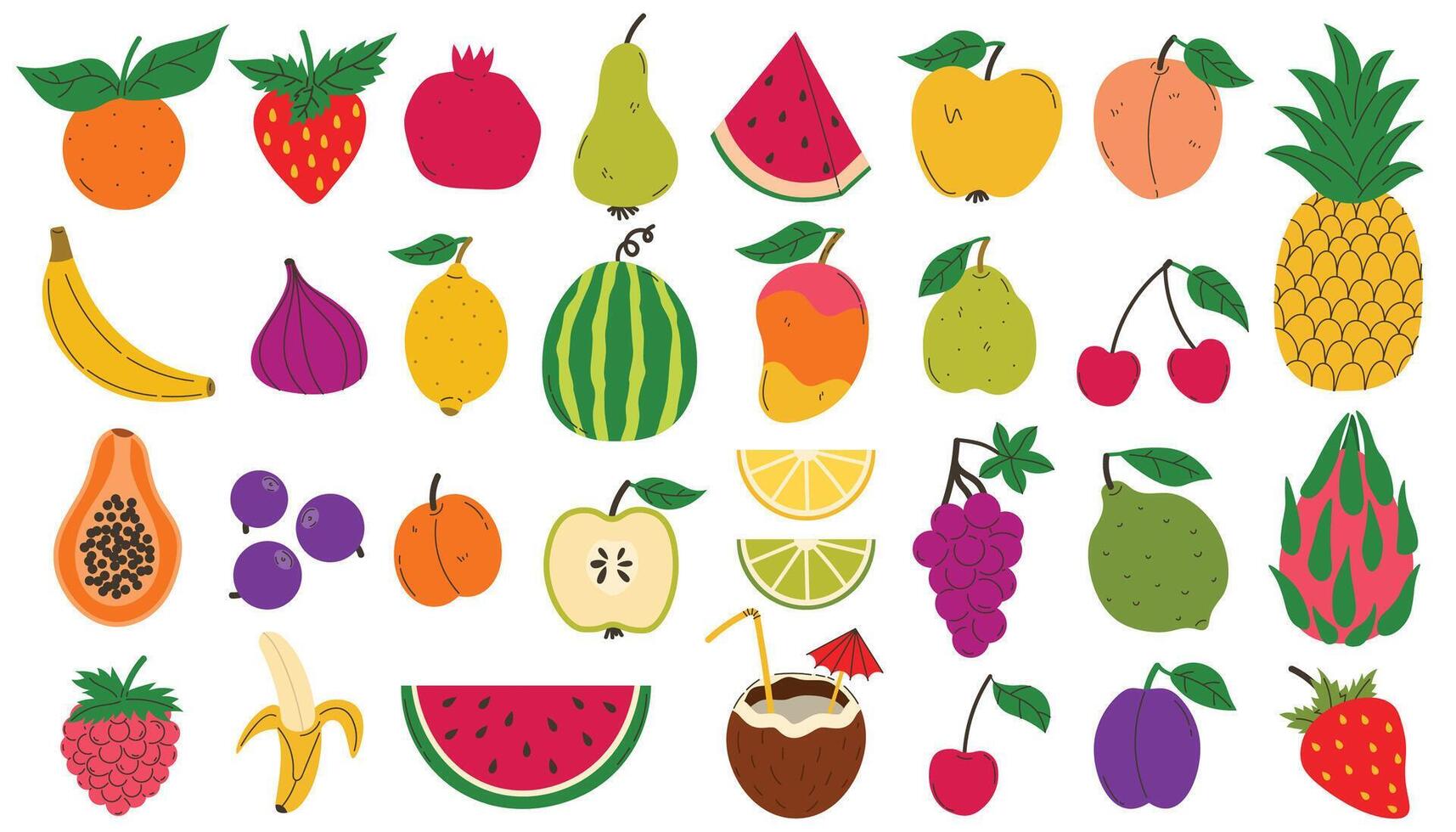 Set of colorful fruits and berries. Modern abstract minimal style. Natural tropical fruits collection. Cherry and apple, peach and lemon, banana and pomegranate, pineapple and fig. vector