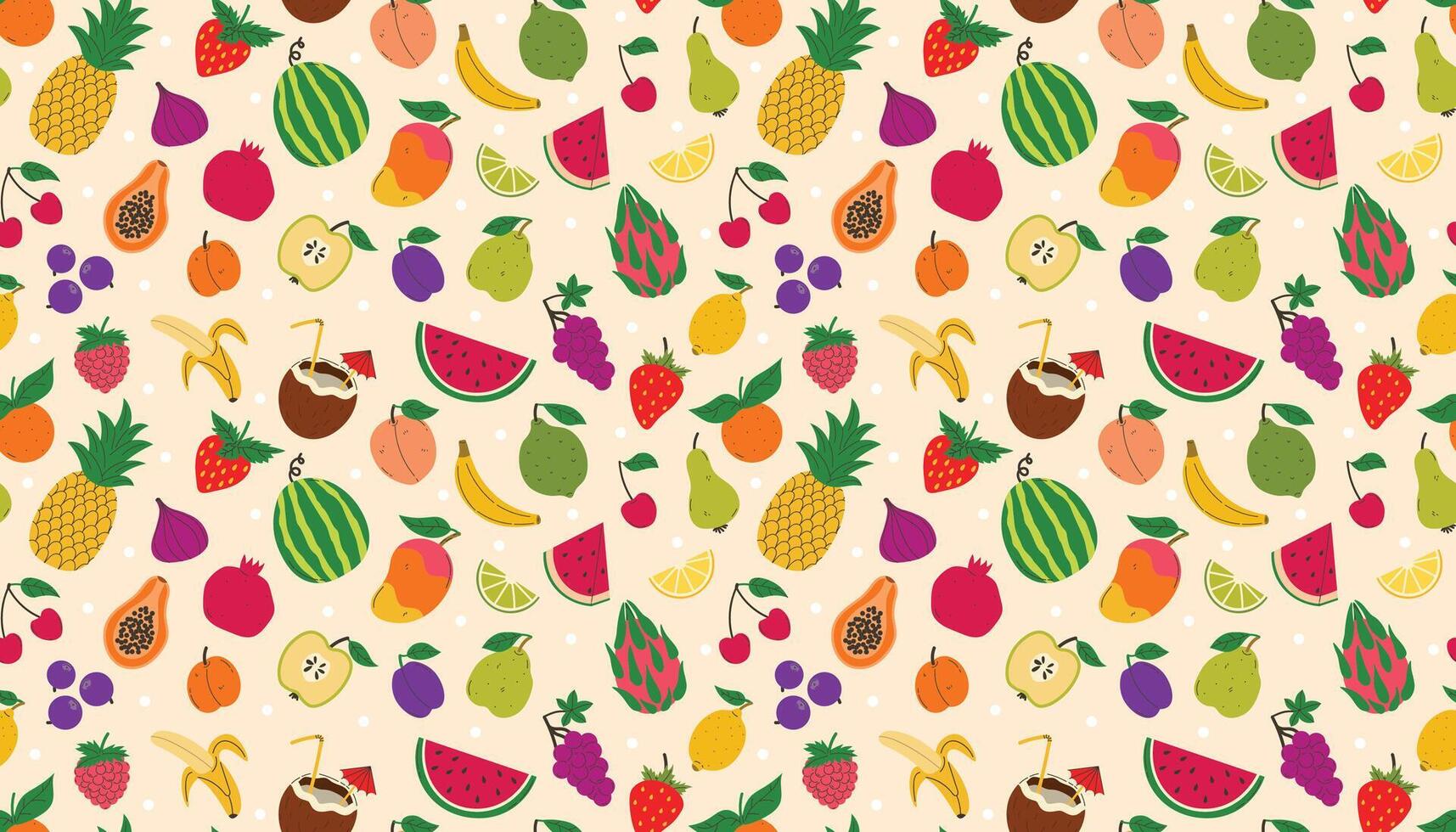 Cute seamless pattern with different summer fruits and berries. Watermelon and pineapple, lemon and strawberry and more. vector