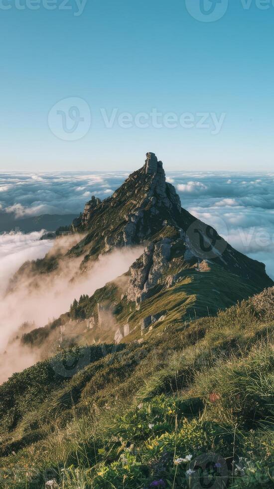 Mountain top with clouds and flowers photo