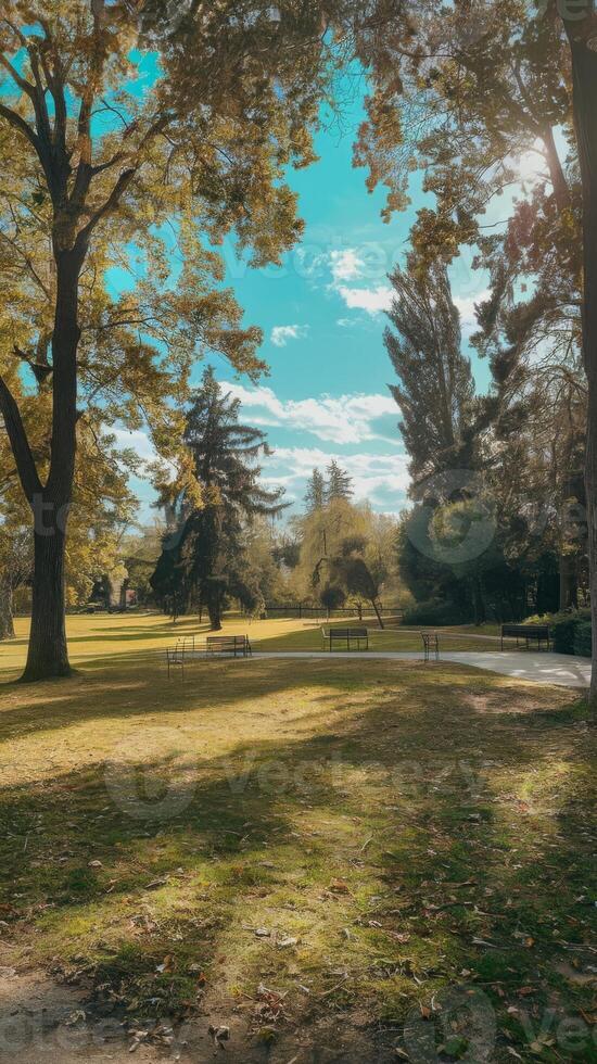 A park with a bench and trees photo