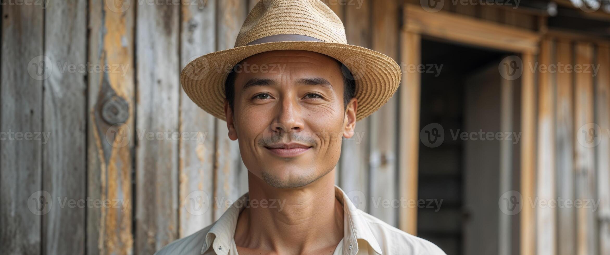 A man wearing a hat and standing in front of a wooden wall photo