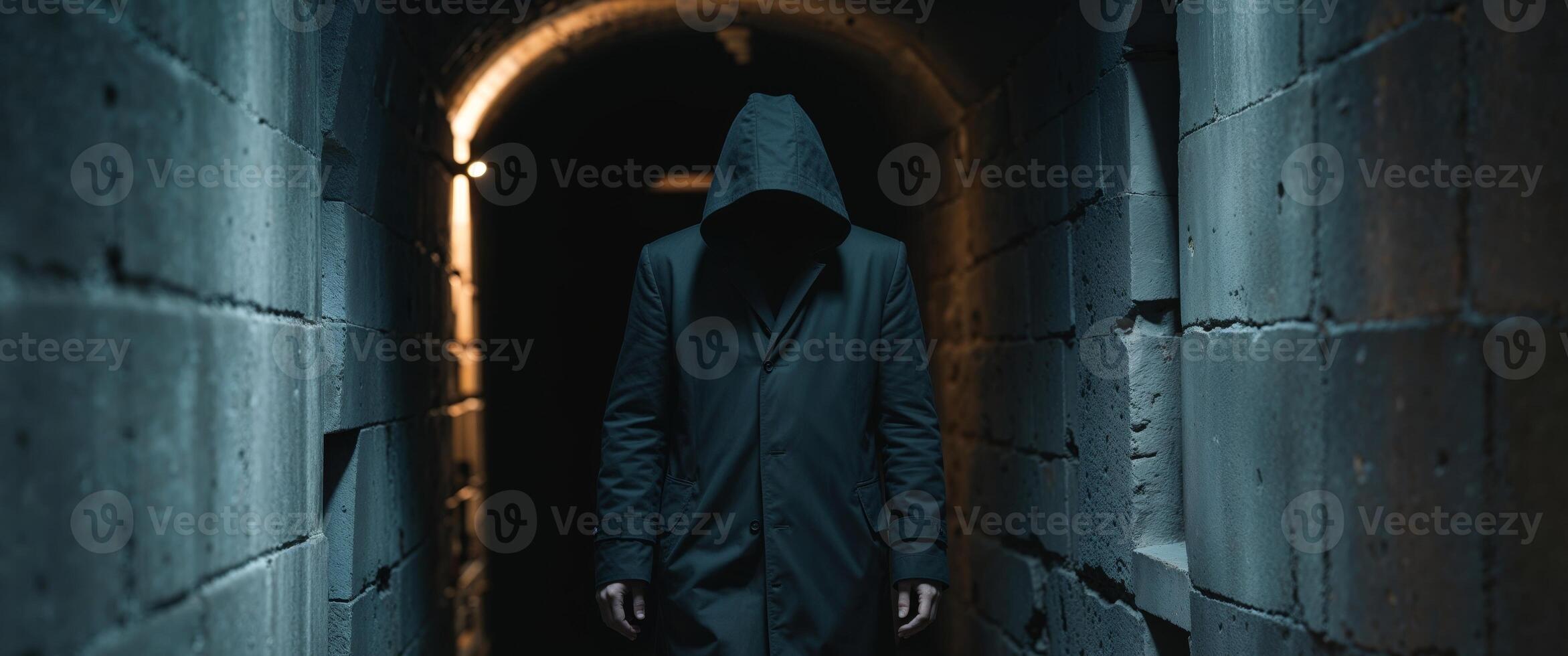A man in a hooded jacket walking through a dark tunnel photo