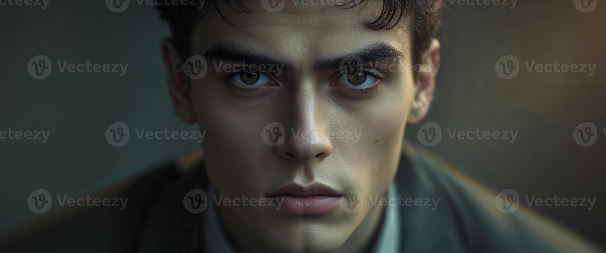 A man with dark hair and blue eyes photo