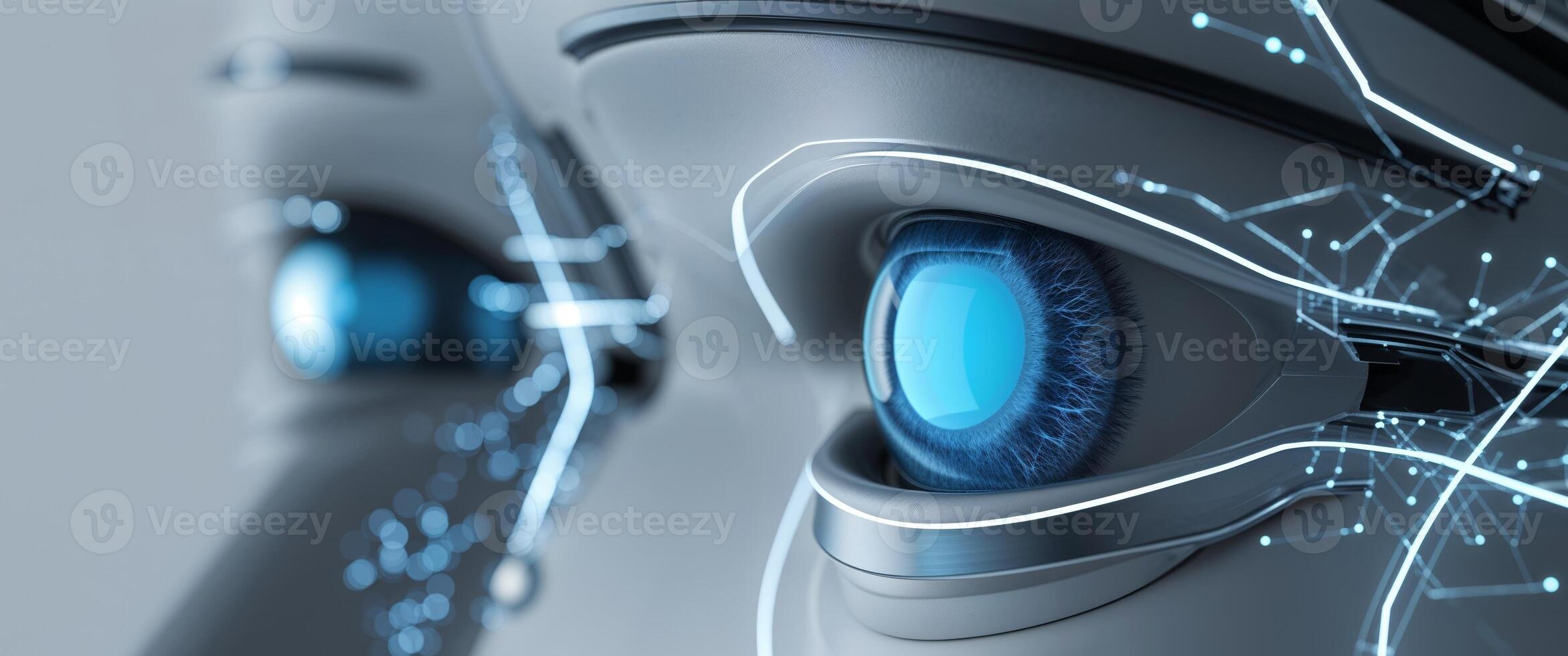 The eyes of a robot are shown with a blue light photo