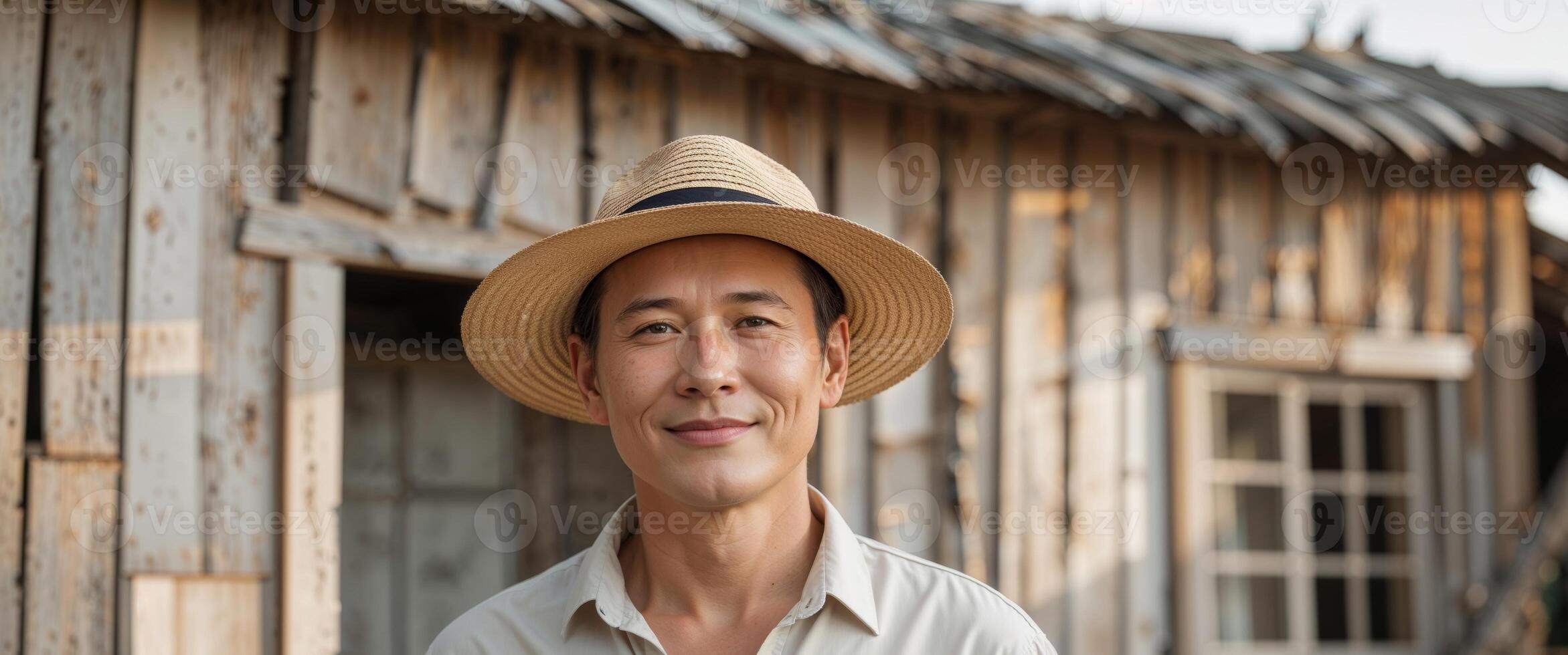 A man wearing a hat stands in front of a wooden house photo