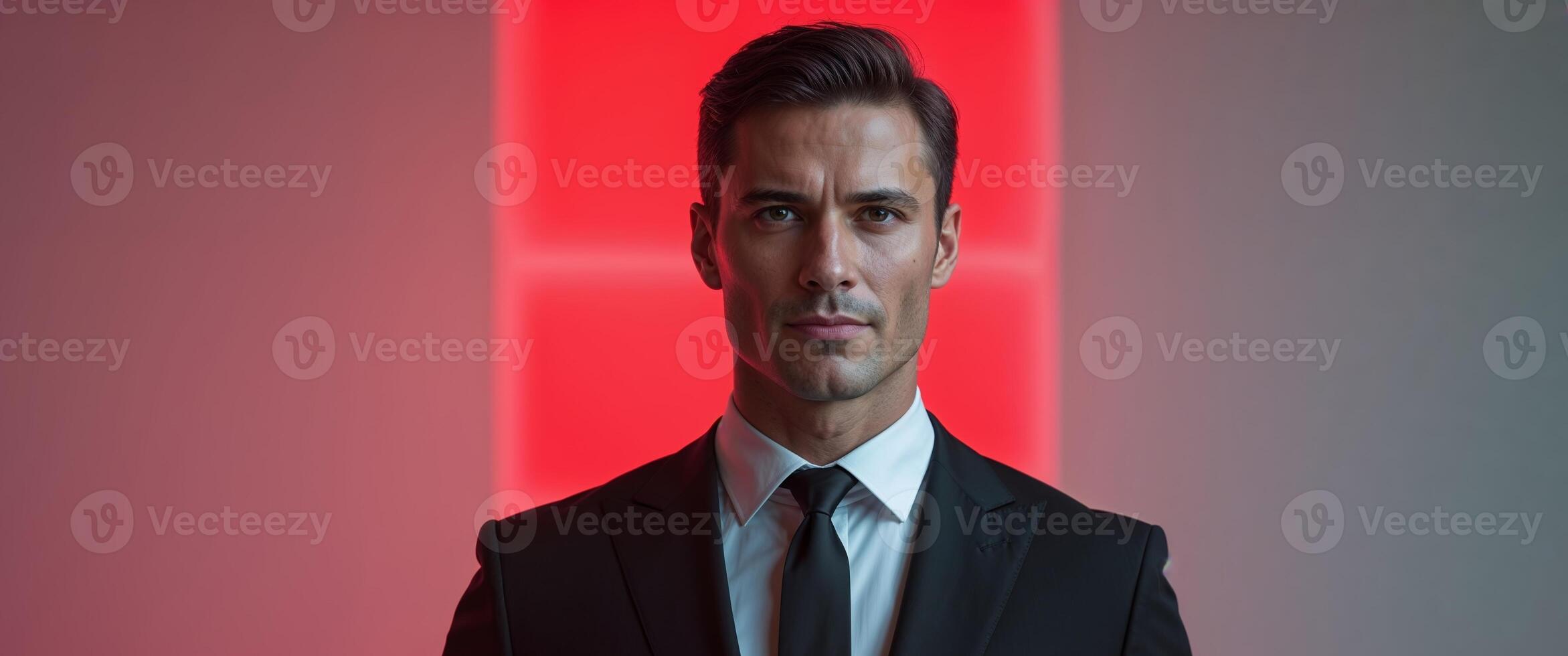 A man in a suit and tie standing in front of a red light photo